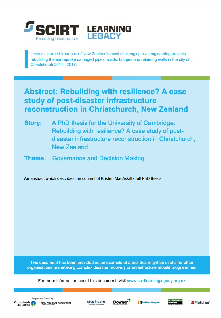 Abstract: Rebuilding with resilience? A case study of post-disaster infrastructure reconstruction in Christchurch, New Zealand Cover