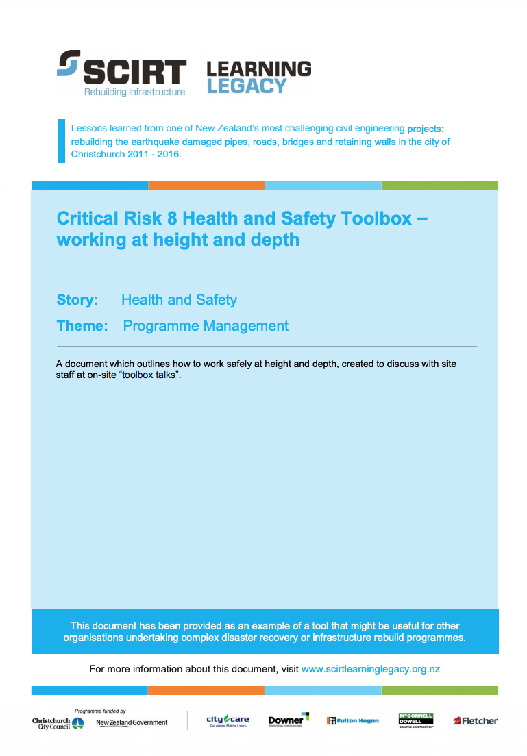 Critical Risk 8 Health and Safety Toolbox - working at height and depth Cover