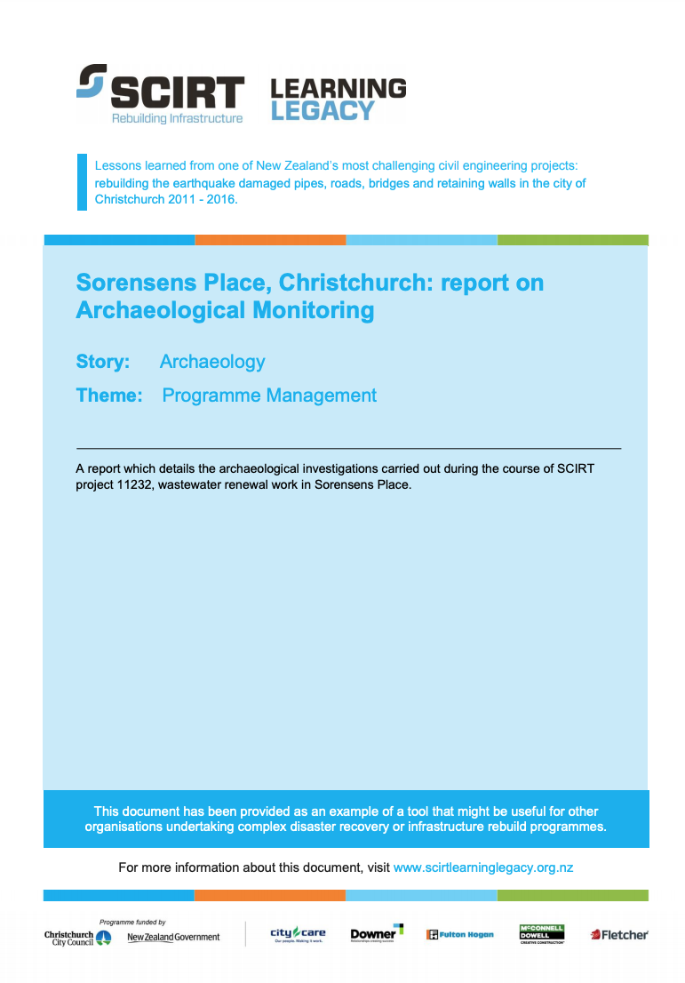 Sorensens Place, Christchurch: report on Archaeological Monitoring Cover