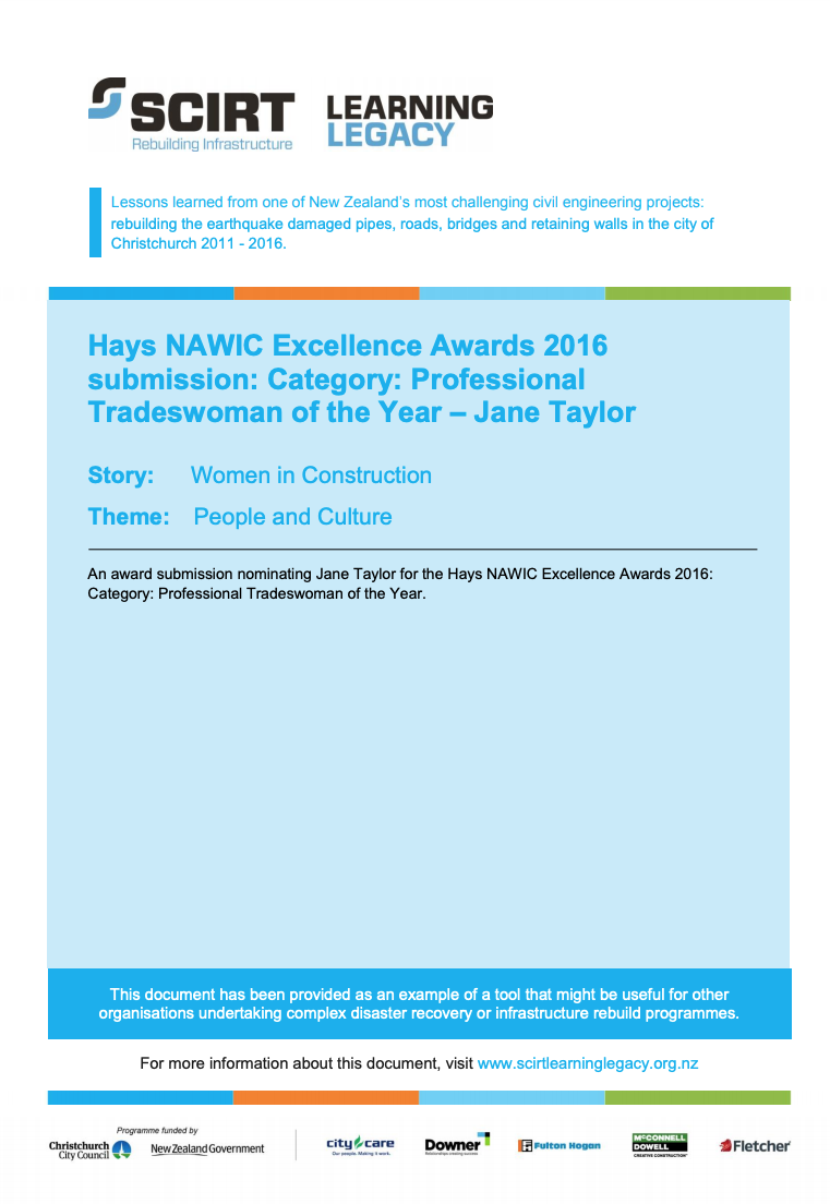 Hays NAWIC Excellence Awards 2016 submission: Category: Professional Tradeswoman of the Year - Jane Taylor Cover