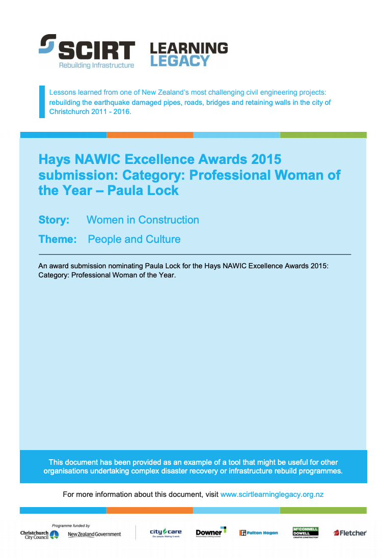Hays NAWIC Excellence Awards 2015 submission: Category: Professional Woman of the Year - Paula Lock Cover