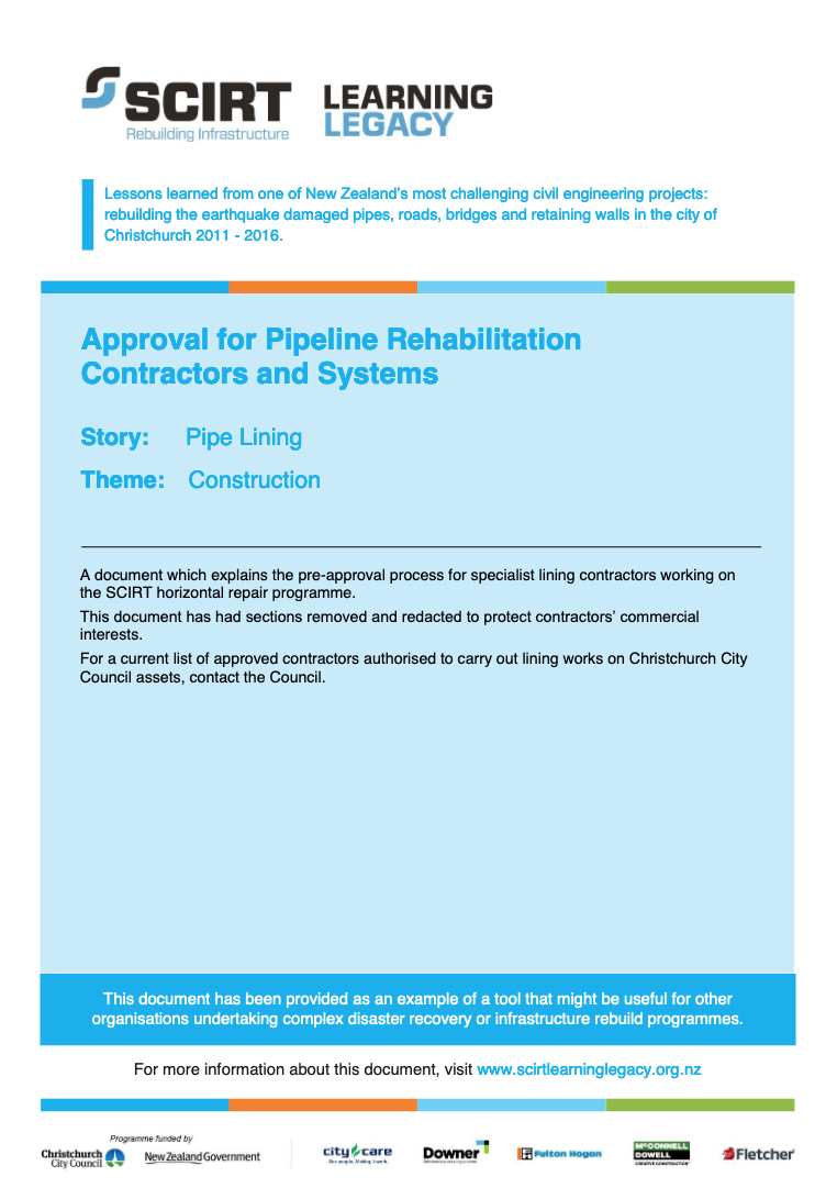Approval for Pipeline Rehabilitation Contractors and Systems Cover