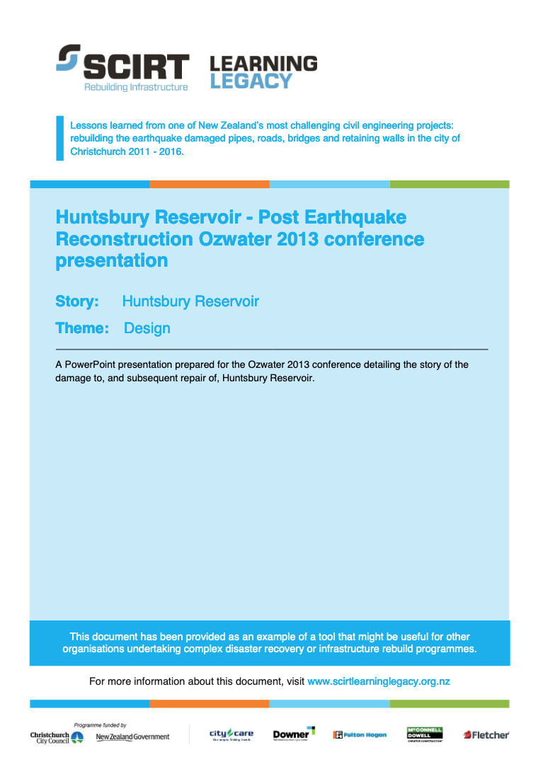Huntsbury Reservoir - Post Earthquake Reconstruction Ozwater 2013 conference presentation Cover