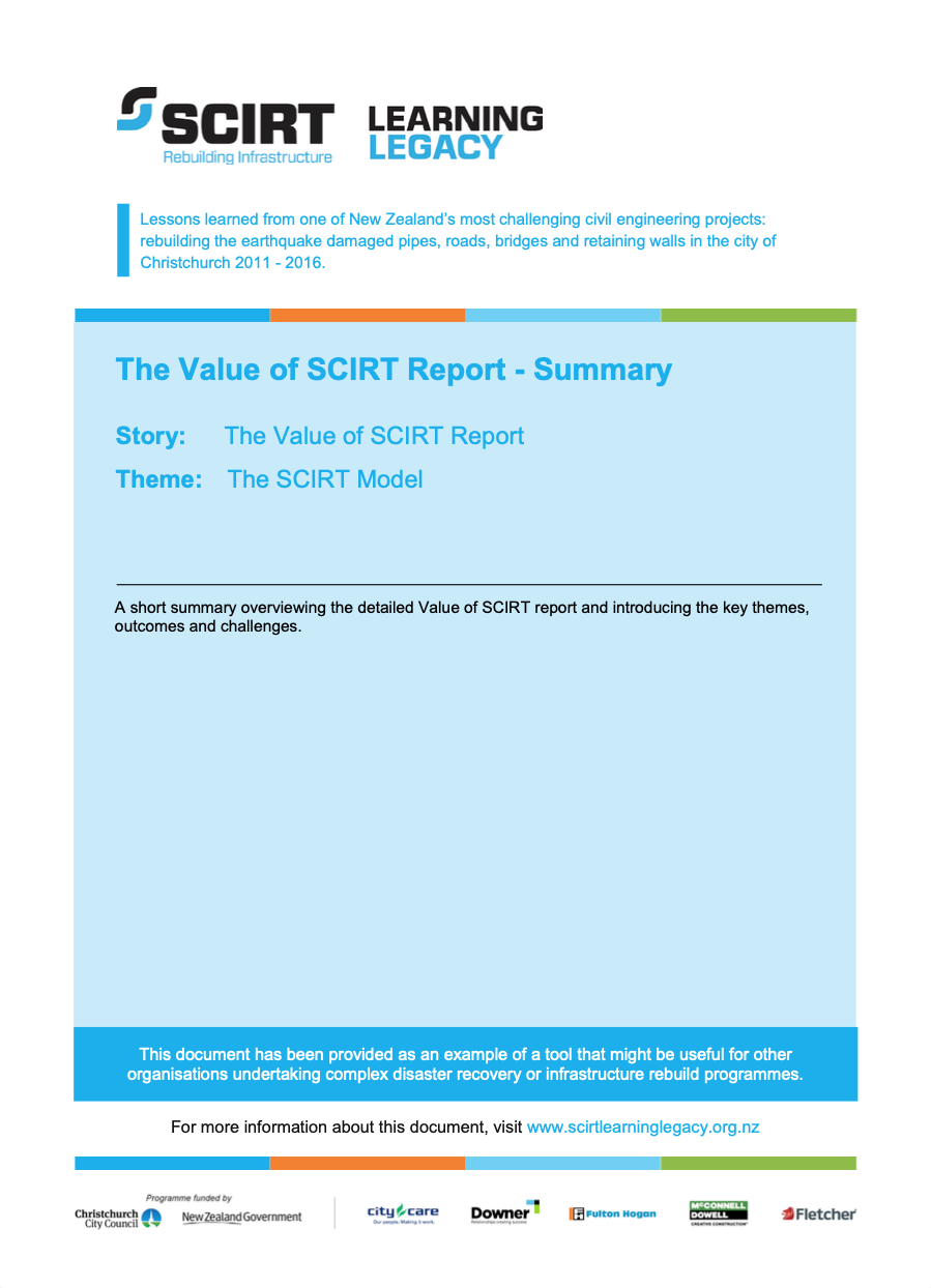 The Value of SCIRT Report – Summary Cover